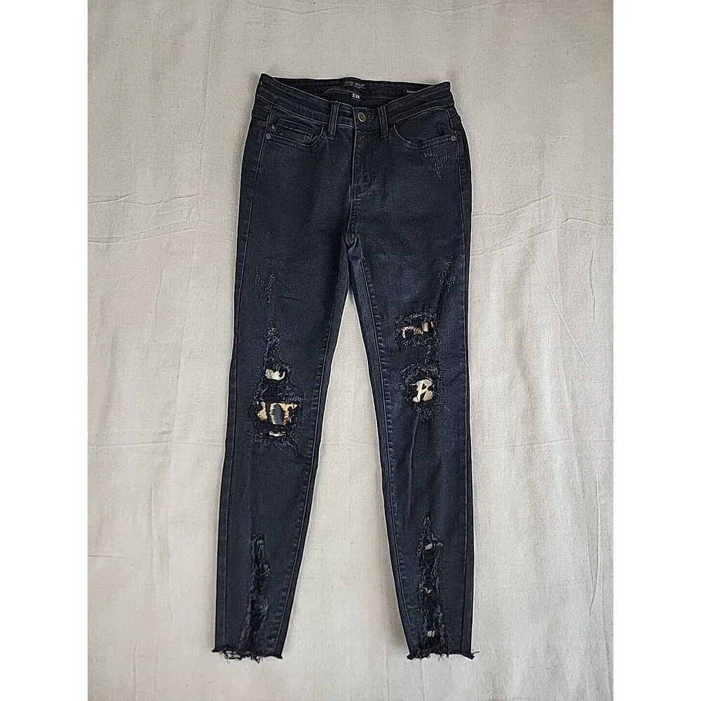 Judy Blue‎ Skinny Jeans Womens 3/26 Black Distressed Leopard Print Patch Edgy